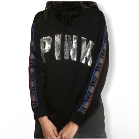 Victoria’s Secret PINK Black Sequin Logo Campus Cowl Neck Hoodie Pullover Size L - Picture 1 of 6